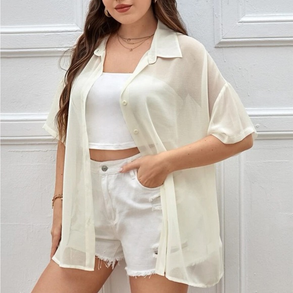 Sheer Short Sleeve Button-Front Drop-Shoulder Shirt NWOT - Picture 4 of 15